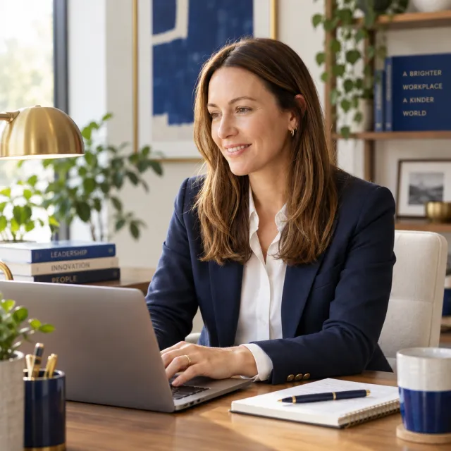 Creator working at her desk in a navy blazer