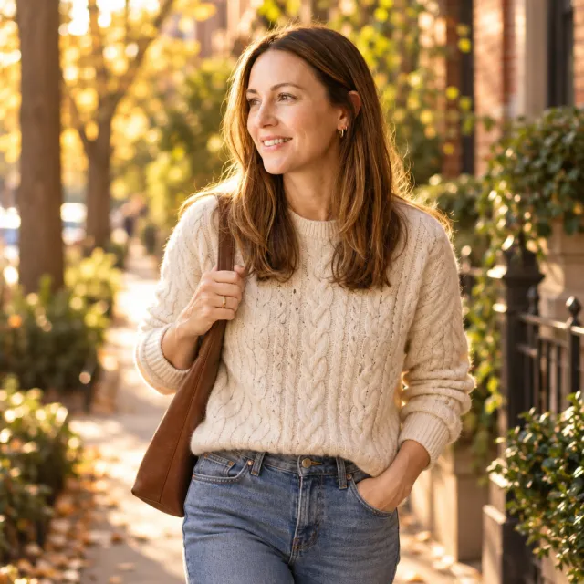 Creator walking a city street at golden hour