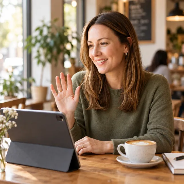 Creator on a video call at a warm cafe table