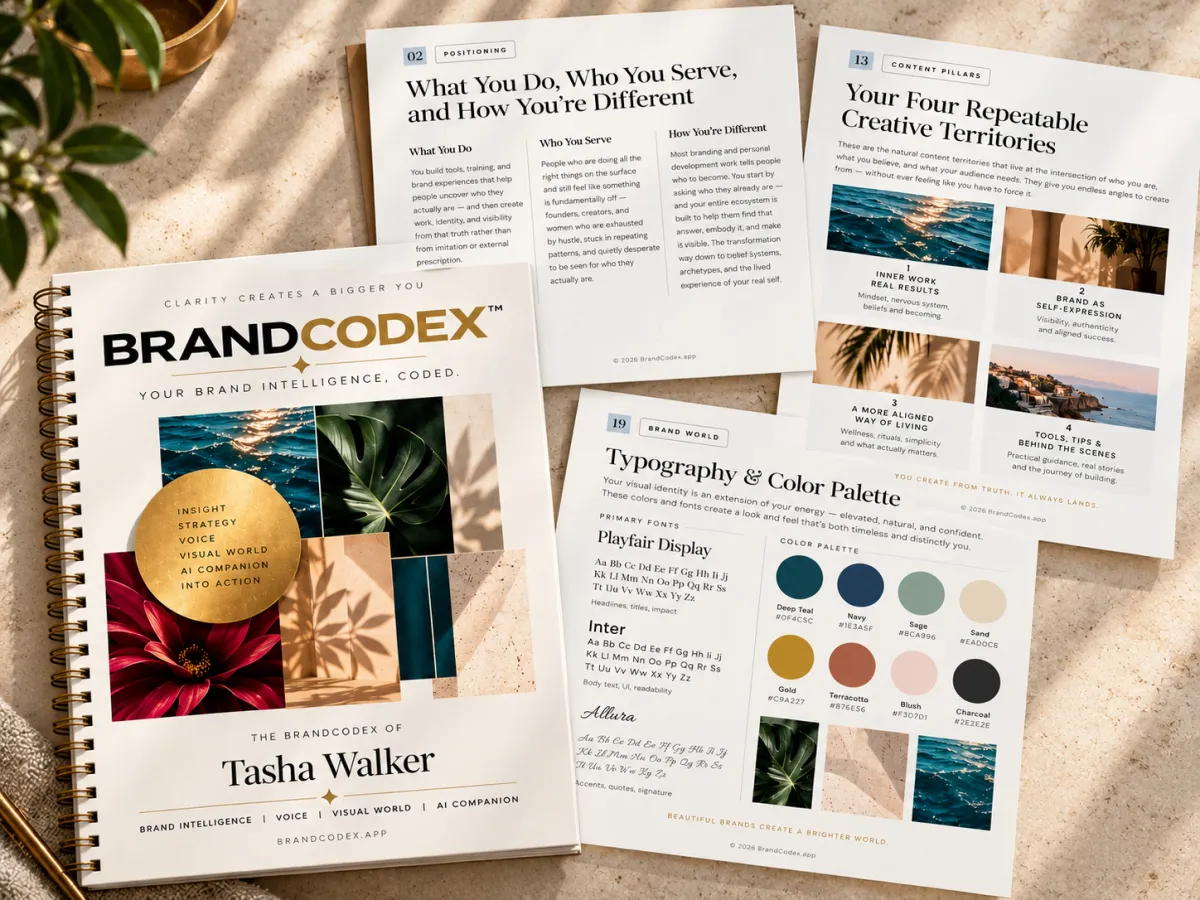 The printed BrandCodex brand document, open to positioning, content pillars, and typography & color palette pages