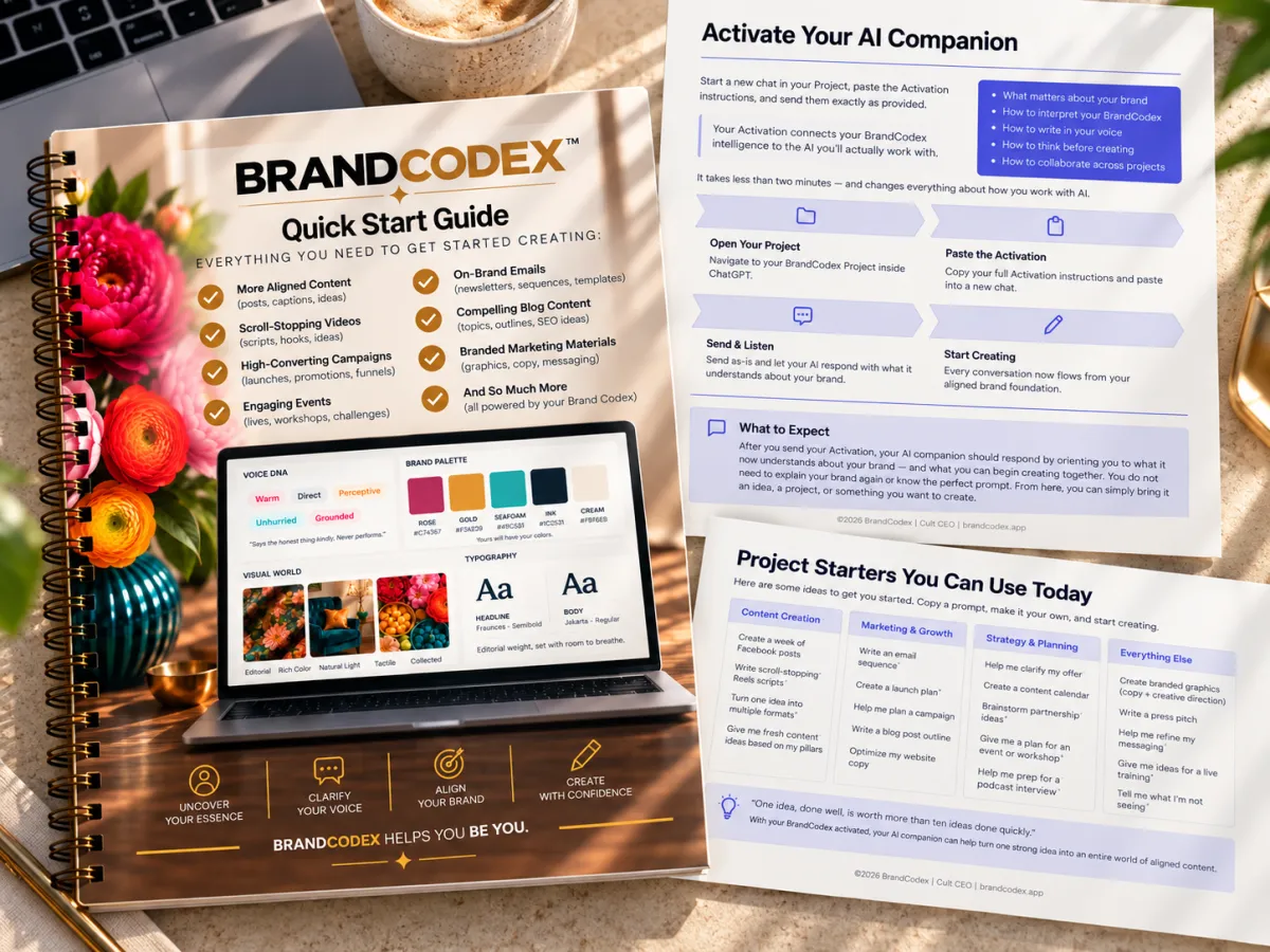 The BrandCodex Quick Start Guide, AI Companion activation steps, and project starter prompts